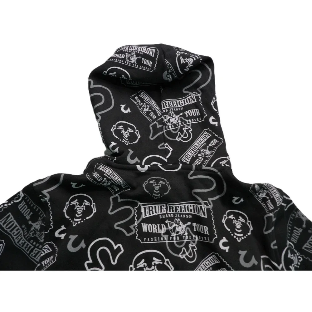 NWT True Religion Ticket Hoodie Men S Black AOP Pullover Graphic Streetwear Logo